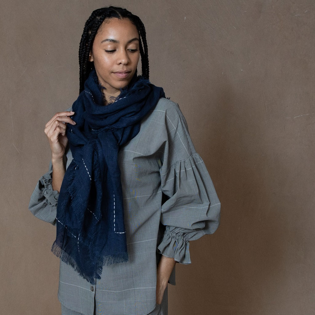 Hand Embroidered Navy Gauze Linen Scarf