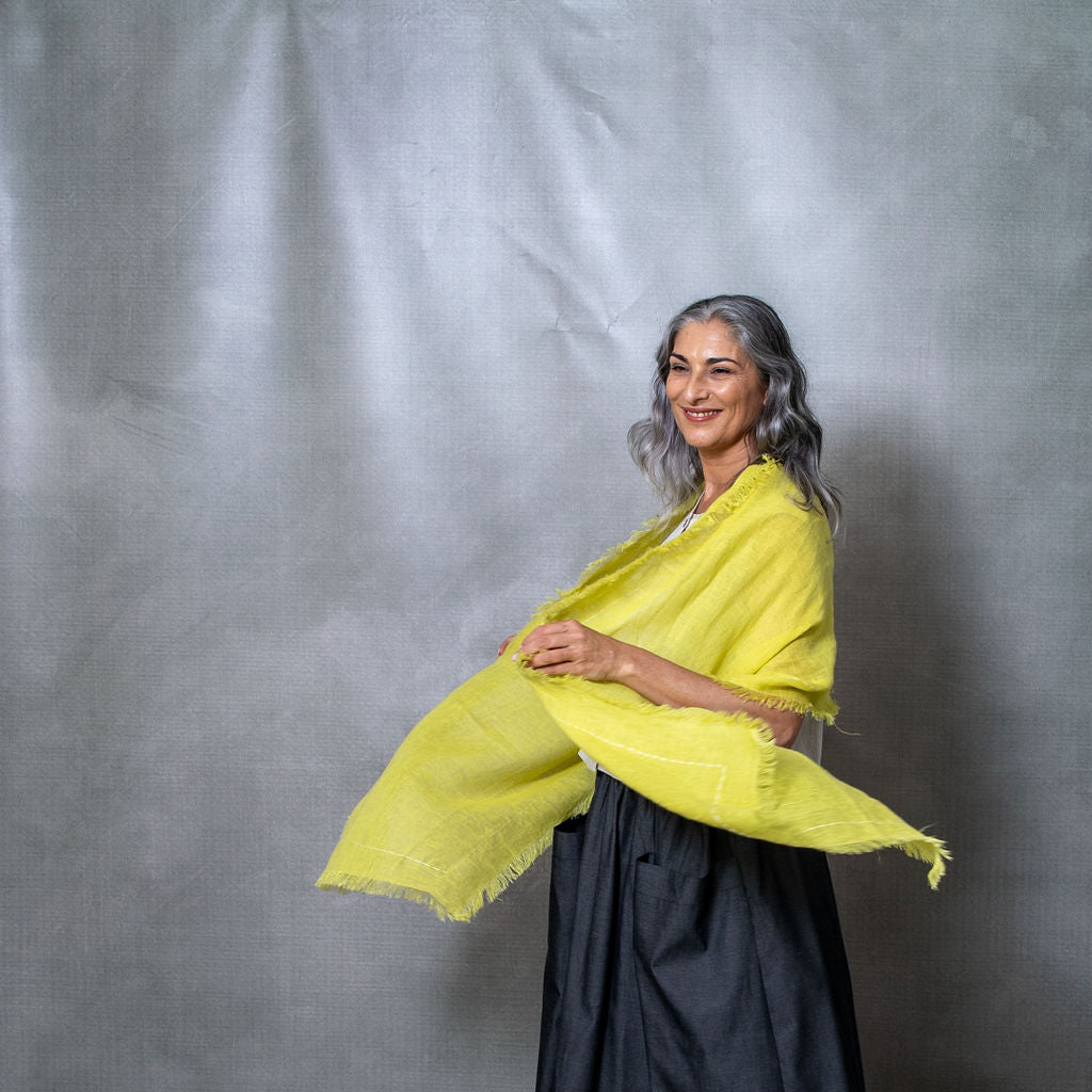 Hand Embroidered Yellow Gauze Linen Scarf