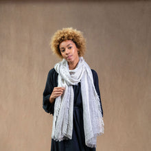 Hand Embroidered  Linen Scarf - Natural/Grey Stripe